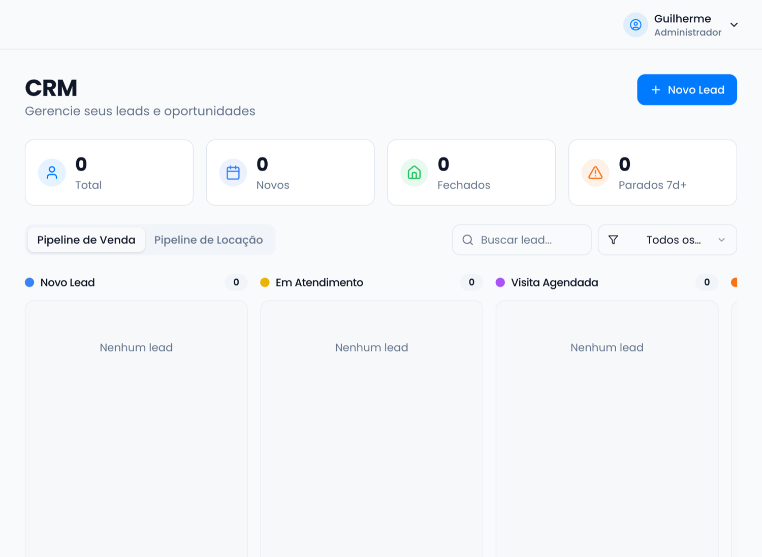Tela de CRM com o funil de leads
