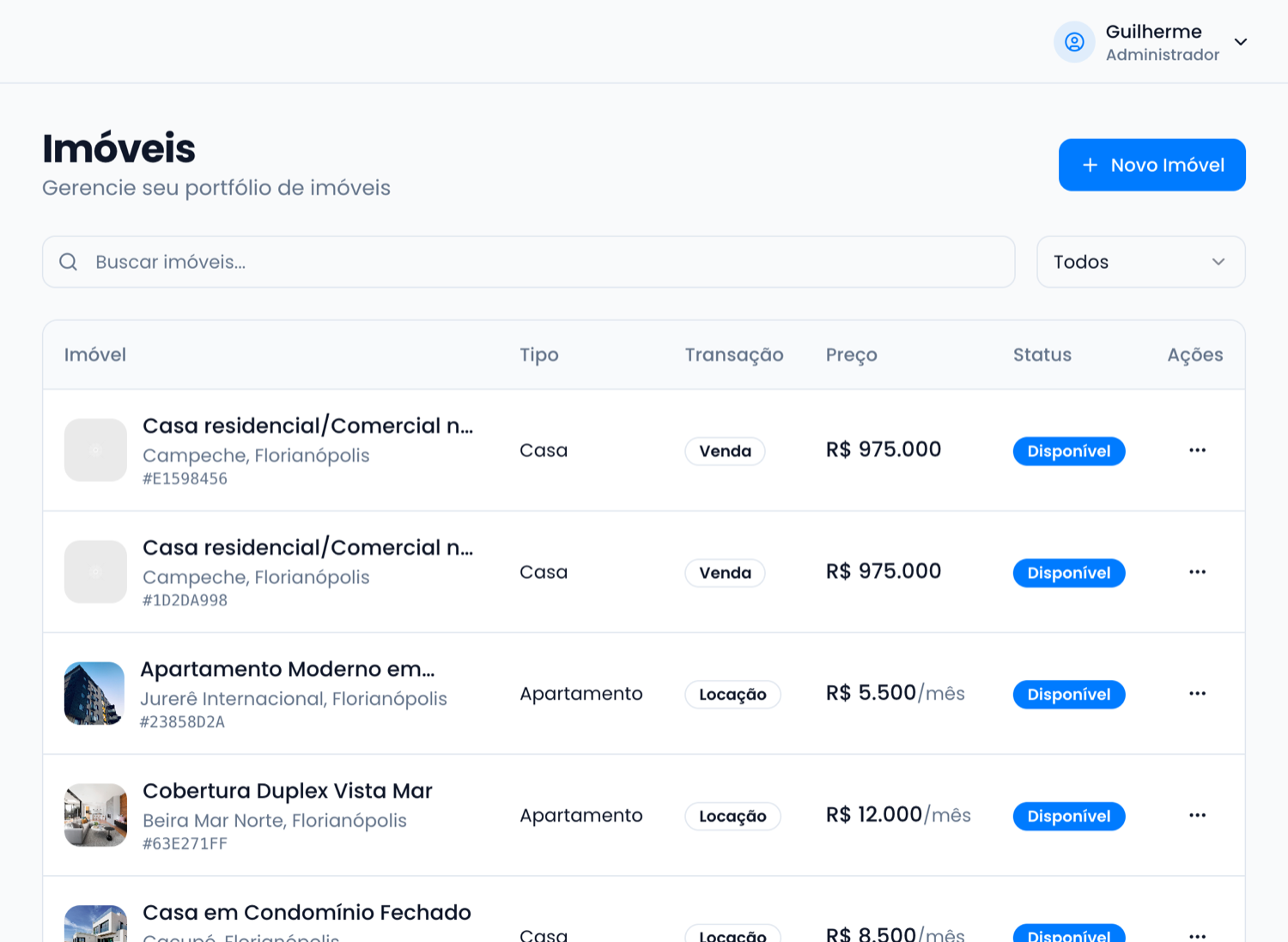 Tela de imóveis do painel, com lista, filtros e status de cada imóvel