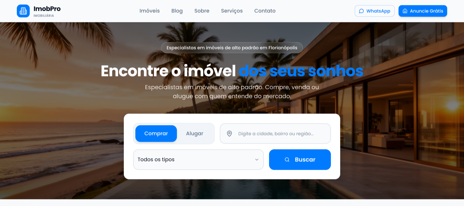 Site de imobiliária gerado pelo Imobiliaria.pro, com busca e imóveis em destaque
