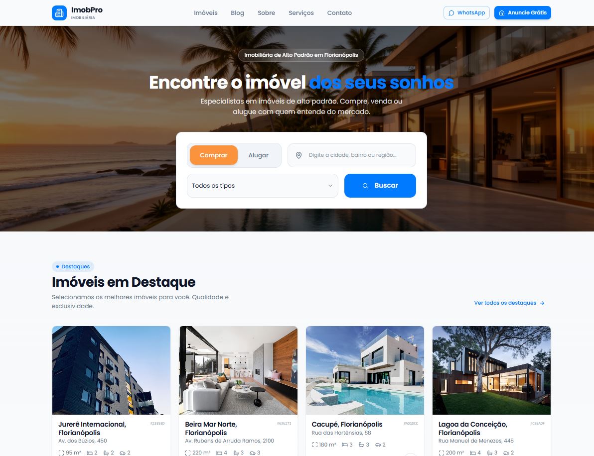 Painel do Imobiliaria.pro com a lista de imóveis e indicadores
